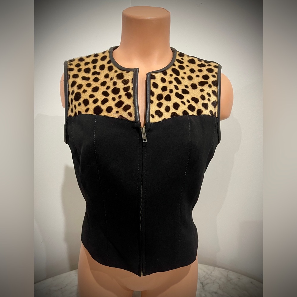 VTG Alberto Makali Black Vest Goat Skin Western Cowgirl Cheetah Leopard Zip Sz 6